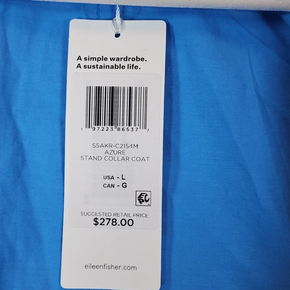NWT Eileen Fisher Hidden‎ Hood Stand Collar Organic Cotton Nylon Rain Jacket L